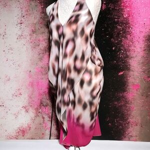 🌸BEBE Leopard 🐆Print Draped Hankerchief Hem Dress in Pink & Beige, Size 6 NWOT